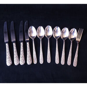 11 piece Supreme Cutlery Fragonard Repousse Stainless Silver Flatware Japan VTG